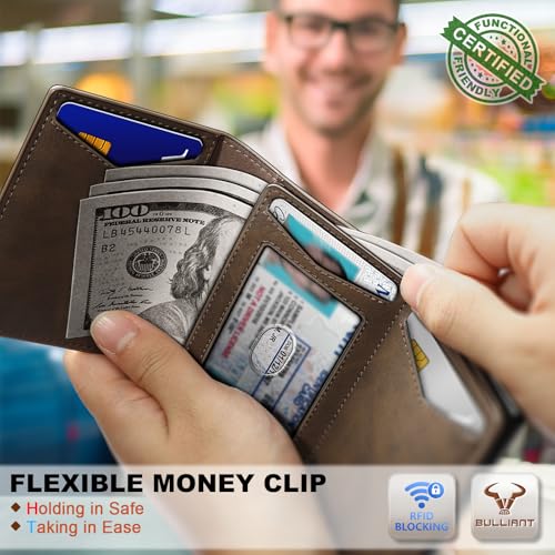 Image of BULLIANT Men Wallet Leather Wallet Card Holders Money Clip for Men 10Cards-Magnetic Flip on Metal Case