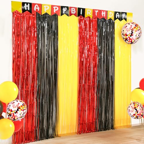 Image of Cartoon Birthday Decorations, 4 Pack Cute Party Photo Booth Props, Black Red Yellow Teal Fringe Curtains Tinsel Photo Streamers Backdrop for Cartoon Birthday Party Supplies