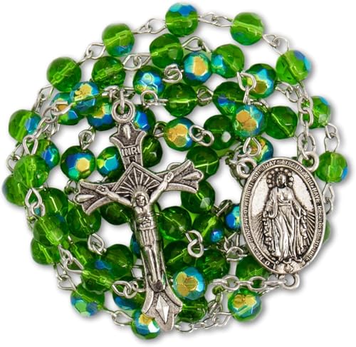 Nazareth Store Green Crystallized Glass Beads Rosary Necklace Holy Mary Medal & Cross Crucifix Handmade Christian Holy Rosary for Men and Women