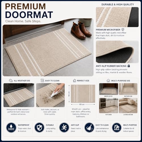 Image of DecorTwist Mosaic Super Soft Microfibre Bath Mat | 2000 GSM Anti-Skid, Quick Dry & Water Absorbent | Non-Slip Mat for Bathroom, Bedroom & Kitchen Floor | 60x40 cm | Style 1 Beige| Pack of 1