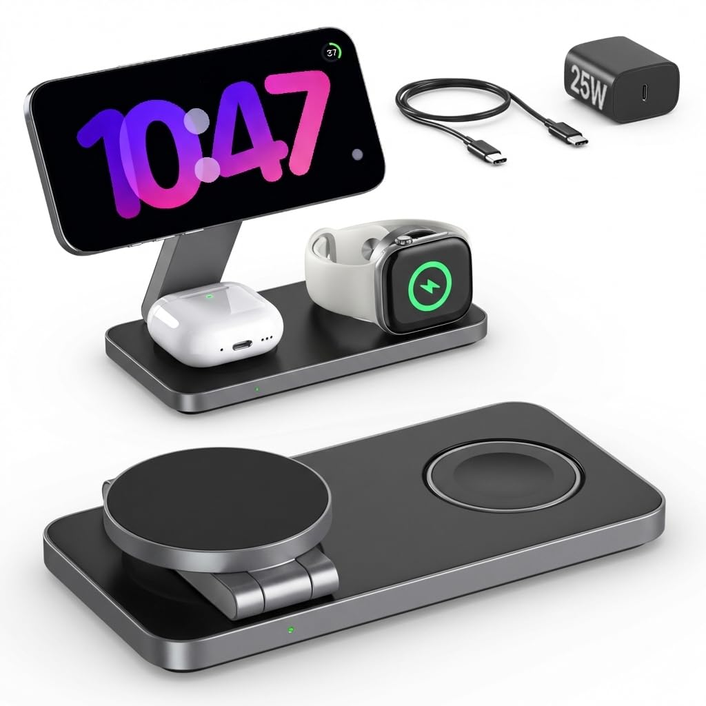 3 in 1 Ladestation mit Qi2.2 25W, Ladestation Apple Watch und iPhone Kompatibel mit Magsafe Ladestation Wireless Charger Für iPhone 17/16/15/14/13/12, AirPods, Apple Watch, mit 35W Adapter