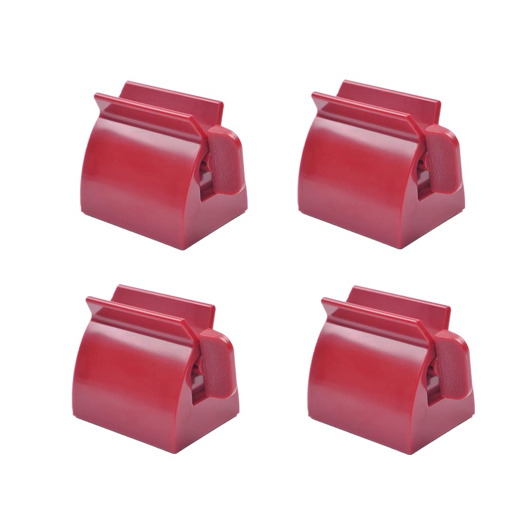 Reyin-Chhn #3 4Pcs Red Rolling Tube Toothpaste Squeezer, Plastic Dispenser With Rubber Pad, Toothpaste Holder Stand For Bathroom Cosmetics Ketchup Paint
