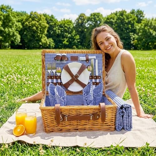 Image of Multifunctional Wicker Picnic Basket Set for 4 Blanket Family Folding Wine Table,Insulated Portable Extra Big Storage Capacity Woven Rattan Canasta De Full Tablewares Camping Outdoor Flowers Blue