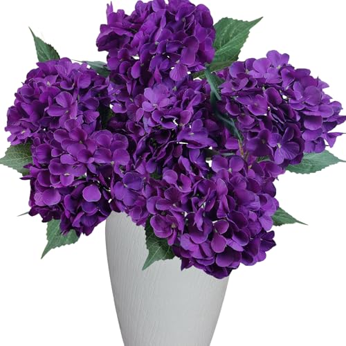 6PCS Premium Deep Purple Hydrangea Artificial Flowers Bouquets Silk Hydrangea Flowers with Stems Fake Hydrangeas Arrangement Faux Hydrangea Decor for Home Wedding Table Centerpieces (Deep Purple)