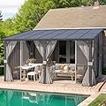 AECOJOY 14' x 10' Gazebo for Patio, Hard Top Lean to Gazebo Pergola with Curtains and Mosquito Netting, Large Wall-Mounted Heavy Duty Awnings for Patio, Decks, Backyard and More