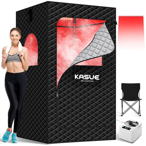 KASUE Infrared Sauna Box, Portable Steam Sauna with 3L Steamer, 5-Layer Waterproof, Thermal Insulation, Folding Chair, for Home Spa, Indoor & Outdoor(Black)