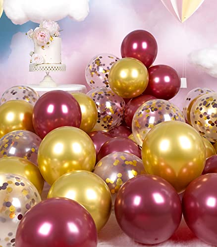 Image of Metallic Burgundy and Gold Balloons 12 Inch 67PCS Gold Maroon Shiny Confetti Balloons Latex Helium Balloon Set for Graduation Wedding Birthday Party Decorations