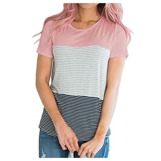 MRULIC Kvinnor kortärmade toppar damer trippel färg block ränder T-shirt casual blus, Z rosa, 40 SE