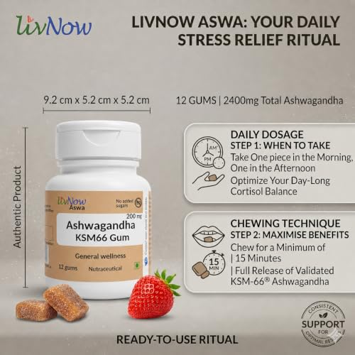 Image of livNow Aswa | KSM-66 Ashwagandha Sugar Free Chewing Gum | For a Calm and Stress-free Day and Deep Sleep Night | Mini-Bottle (12 units) | Pack of 2