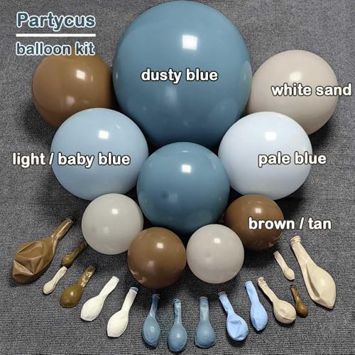 Image of Dusty Blue Brown Balloon Arch Kit Double Stuffed Pastel Baby Blue Dark Brown Tan Coffee White Sand Latex Balloon Garland for Neutral Birthday Bear Western Cowboy Party Decoration