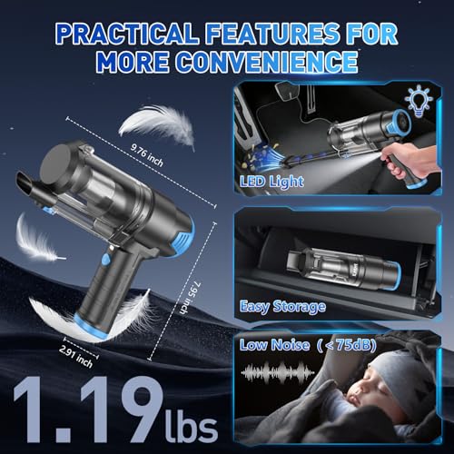 Image of KMM Handheld Car Vacuum Cleaner, 16000PA Air Duster & Vacuum Cleaner, 120W High Power Hand Held Vacuum Cordless, Portable Vacuum Rechargeable with Multi-Nozzles & LED Light for Car, Home, Pet, Office