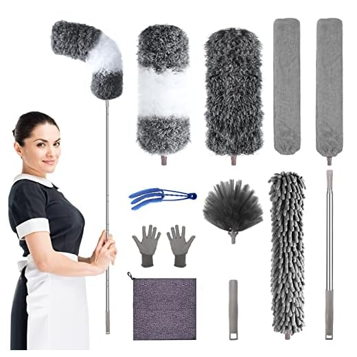 Microfiber Feather Duster with Extension Pole 30 to 100 inches, Reusable,Bendable, Washable Dusters for Cleaning Ceiling Fan, High Ceiling, Blinds, Furniture & Cars, 12PCS
