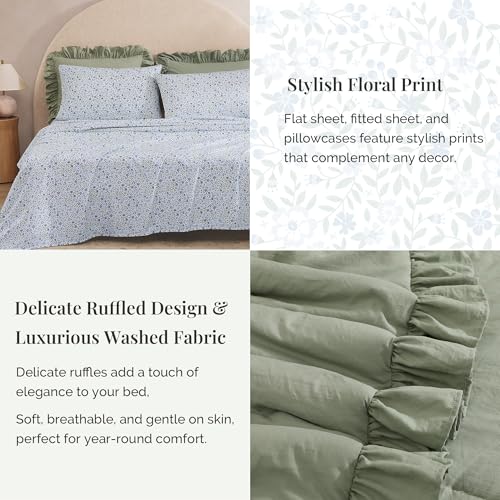 Queen Comforter Set - 7 Pieces Ruffle Sage Green Bedding Sets, Shabby Chic Farmhouse Bed in a Bag Queen with Ruffle Comforter, Floral Sheets, Pillowcases & Shams