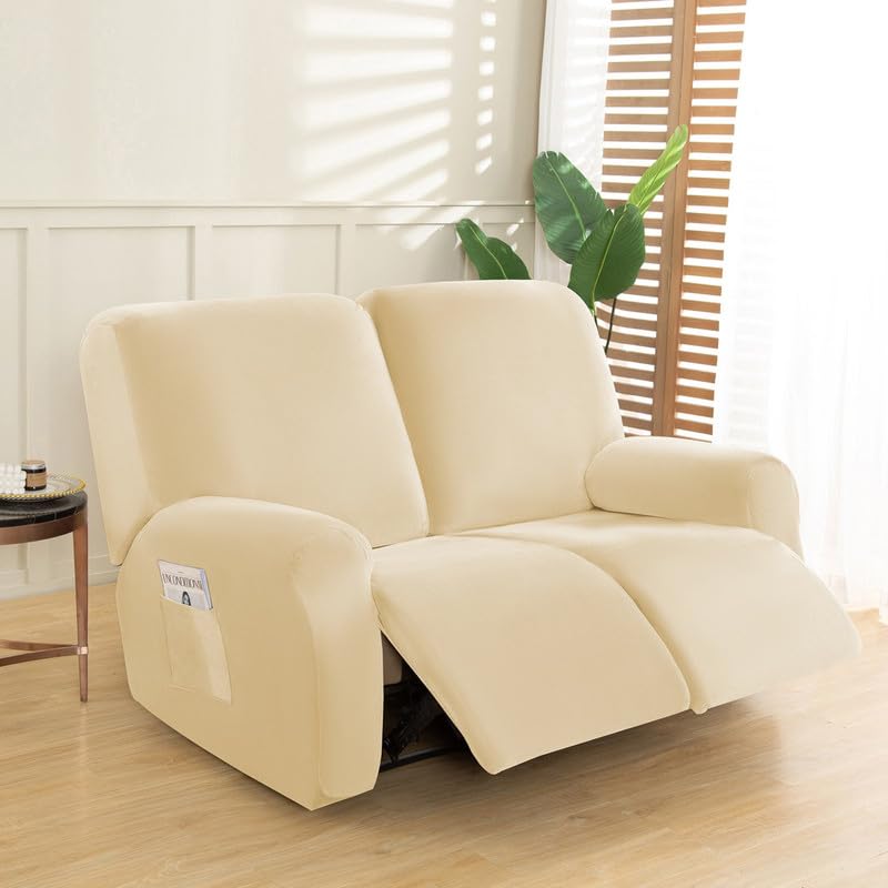 LiveGo 2 Seater Recliner Chair Covers, Opulent Velvet Wingback Sofa Covers, Armchair Slipcover with Utility Side Pockets, Reclining Chair for Bedroom, Hotel and Office (Beige)