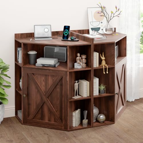 Image of Halitaa Corner Storage Cabinet, Farmhouse Corner Bookshelf with Storage 6-Cubby Wooden Cabinet with USB Ports and Outlets Industrial Organizer for Small Space, Study, Playroom, Living Room, Walnut