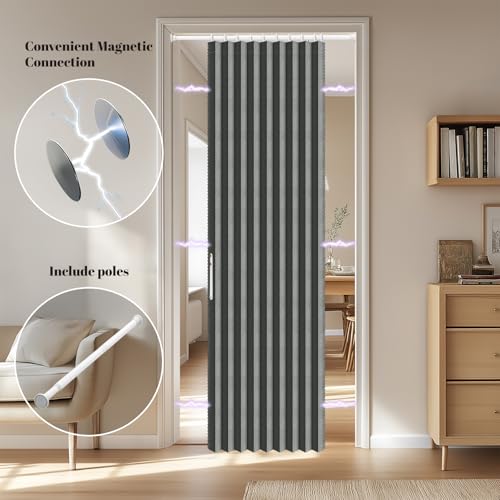 Image of AJAZZ Blackout Accordion Door with Curtain Rods Adjustable 28-52 inch Long Closet Door Curtain Invisible Applicable Bedroom Room Living Room Doorway (1 Pack, 54 W x 78 L, Dark Grey)