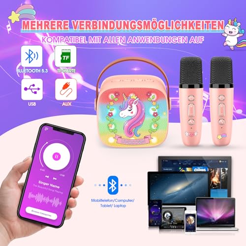 Dislocati Karaoke Maschine mit 2 Bluetooth Mikrofon Kinder, Einhorn Geschenke für Mädchen 3-12 Jahre Tragbarer Karaoke Mikrofon Ostergeschenke Kinder Spielzeug ab 3-12 Jahre Mädchen Microphone