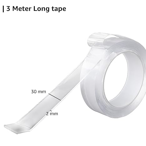 Amazon Brand - Solimo Nano Double Sided Tape, Multipurpose Super Sticky Gel Grip Mounting Tape, Washable, Reusable, No Residue, for Home & Office, 2mm Thick, 1.2 Inch Wide, Transparent (3 mtrs) - Image 2