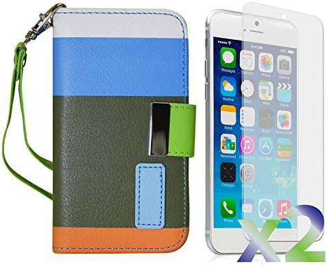 Exian Apple iPhone 6 Screen Guards x2 and Multi-Colour Wallet Case Blue/Green/Orange