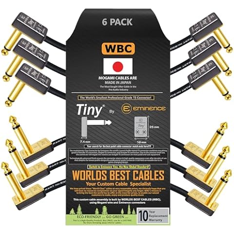 WORLDS BEST CABLES 6 Units - 4 Inch - Pedal, Effects, Patch, Instrument Cable Custom Made Using Mogami 2319 Wire & Eminence Tiny Gold-Plated Angled TS Connectors Cover
