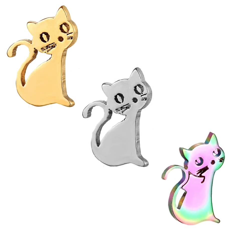 IDB Sitting Cat / Kitten Stainless Steel Small Stud Earrings - Approx. 3/8 inch (0.4" / 10mm) - Super Cute Dainty Animal Studs in Gold | Silver | Multicolor | 3 Pair Pack, 0.4 inch, Stainless Steel, No Gemstone
