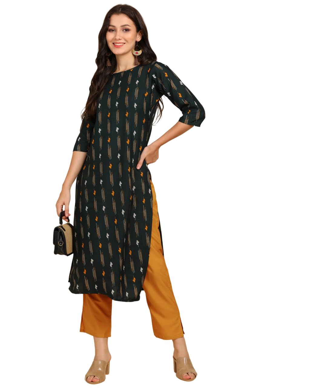 Patlani Women's A-Line-Calf Langth Half Sleeve Crepe Kurti. Green