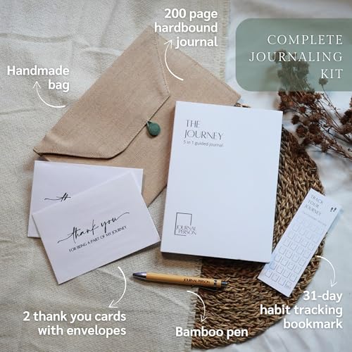 Image of THE JOURNEY Luxe Edition - 2026 Gratitude Journaling with Pen, Daily Reflections, Emotional Release, Introspection prompts & Plain Pages for Writing - A5 Hardbound Undated Journal Diary - Free Fabric Bag, Bookmark, Gratitude Letters (White)