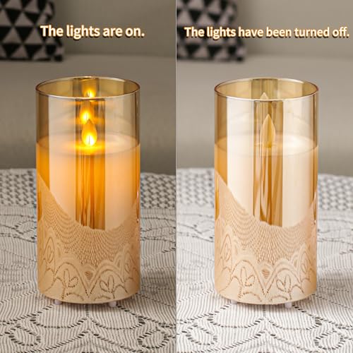 Image of LTETTES LED Glass Cup Pillar Flameless Electric Candles | Flickering Faux Wick | White Color Glass | Battery Powered with Multifunctional Remote Controller for Home Decor | Set of 3 3 inch D x 4 inch,5 inch,6 inch H