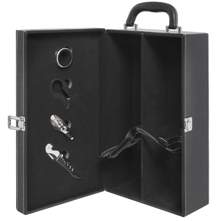 IKTU Wine Box 2 Bottle Empty Slots Leatherette Top Handle with 4 Wine Accessory Travel Wine Gift Box Premium Wine Carrier Case-image-26