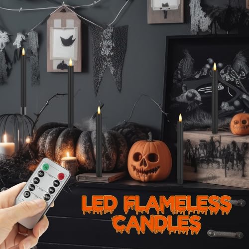 Image of Black Halloween Flameless Candles with Remote, 9.6 inch Wax LED Taper Candles | Battery Operated Candlesticks with 3D Wick, Dimmer, Flickering Mode, Table Mantel Home Indoor Party Festival Decor, 6 Pack