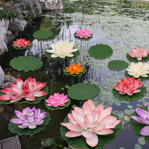 MHYGKTXRA 14pcs 11in & 6in Artificial Flowers Floating Foam Lotus Flower with Fake Lily Pads, Artificial Lily Pads for Pond for Pool Garden Fish Pond Aquarium Pool Wedding Decor