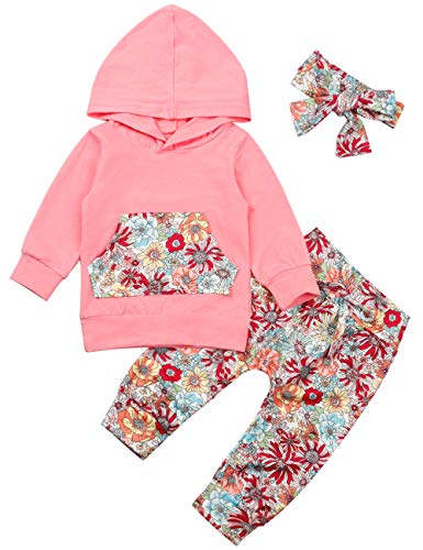 Image of Baby Girls Long Sleeve Flowers Hoodie Tops and Pants Outfit with Kangaroo Pocket Headband