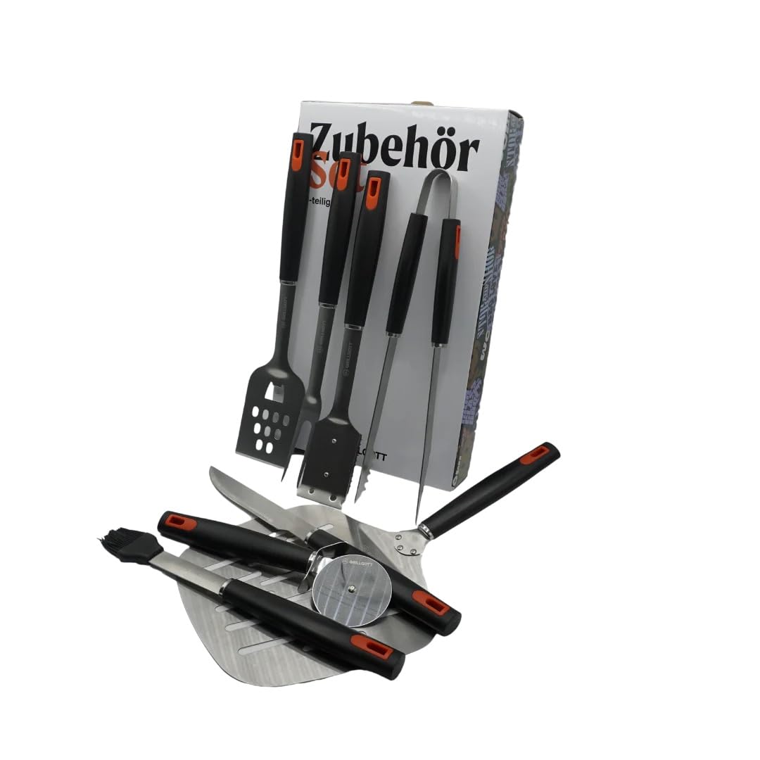 GrillGott Set di posate per barbecue in acciaio inox, 8 pezzi, con pala per pizza, rullo per pizza, pennello per barbecue, paletta per barbecue, forchetta, coltello per barbecue e spazzola per