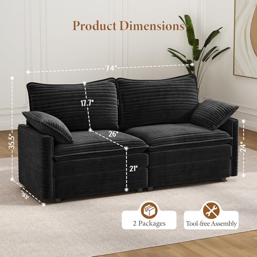 Image of Vesgantti 74 inch Loveseat Sofa for Living Room, Comfy Cloud Couch Deep Seat Corduroy Modern 2 Seater Small Sofa with Armrest Pillow, Easy Assembly for Small Spaces, Black