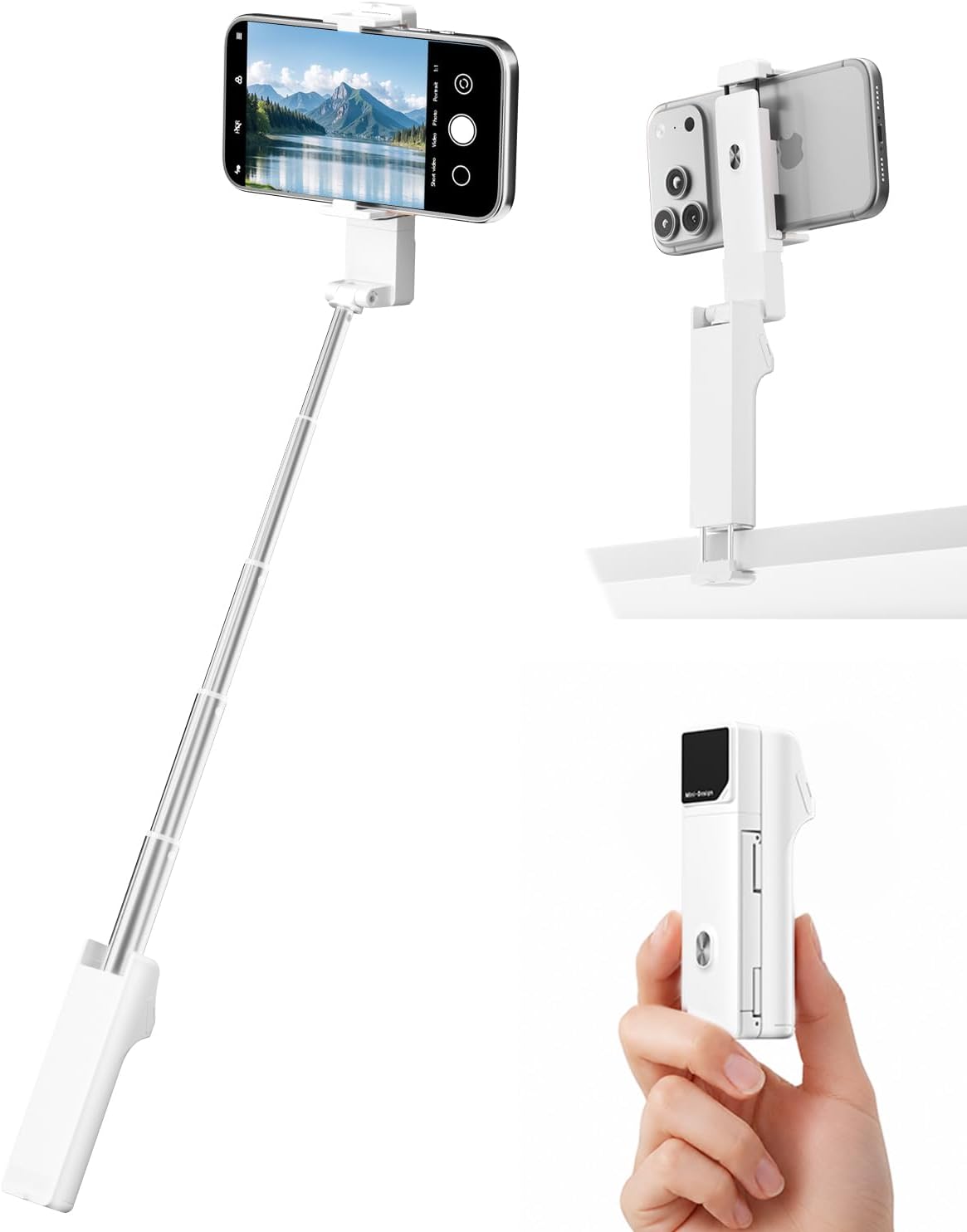 Viozon Selfie Stick with Wireless Remote and Desk Clamp, Lightweight Foldable Travel Phone Holder, Aluminum Portable Selfie Stick Tripod for Video Recording, Photograph, Streaming, White