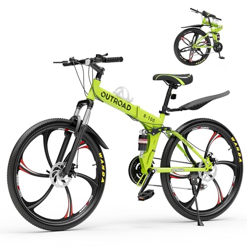 Brightpeak 26' Folding Mountain Bike - 21-Speed Gears, Full Suspension, Dual Disc Brakes,...