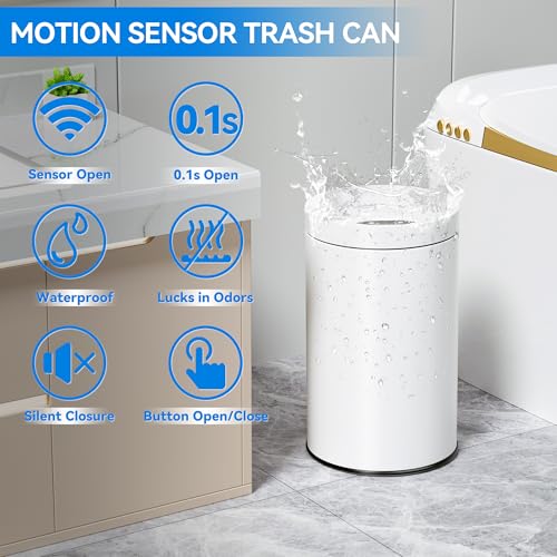 Image of kaylowe Motion Sensor Bathroom Trash Can with Lid 4 Gallon Stainless Steel Garbage Cans Automatic Touchless Garbage Bin for Kitchen, Bedroom, Office, Living Room, White