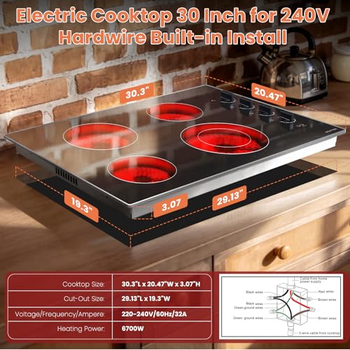 Image of Noxton 30 Inch Electric Cooktop, 4 Burner Ceramic Cooktop with Glass Protection Metal Frame & Knob Control, Built-in Radiant Stove Top, Dual Ring Expandable Burner, 240V Hardwired for Seniors