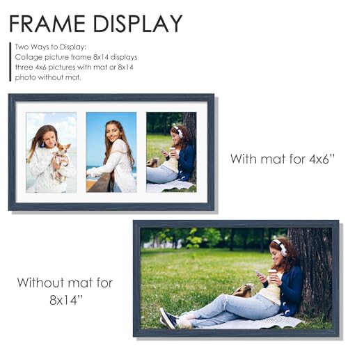 Image of DUENPY 8x14 Collage Picture Frame 4x6 Collage Picture Frame Displays Three 4x6 inch Photos or 8x14 (Without Mat) for Available Horizontal Wall Mounting Display and Vertical Navy Blue