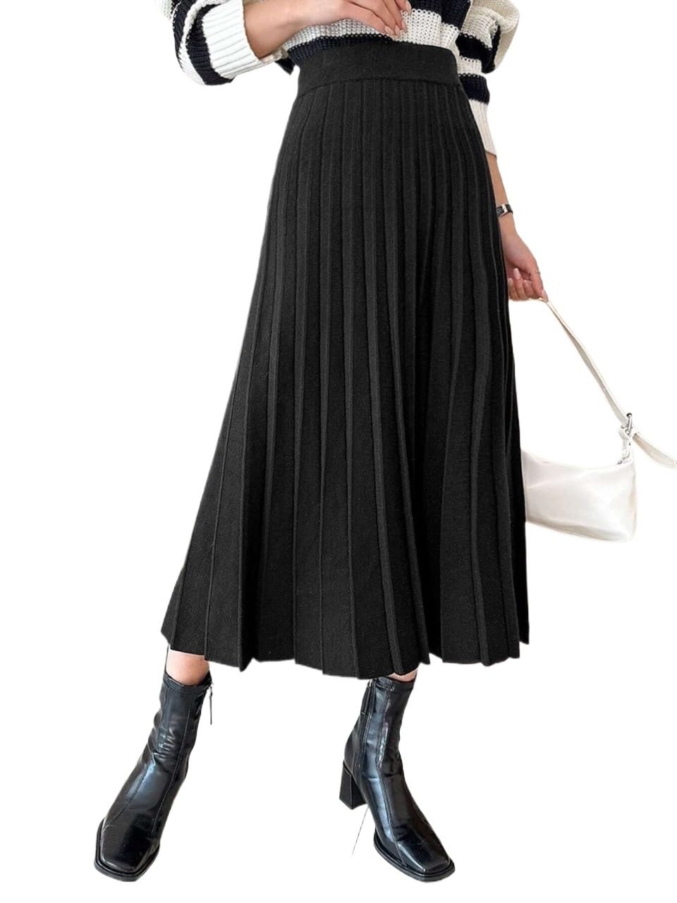 High Waist Pleated Knit Long Skirt Womens Basic Versatile Trendy Skirt