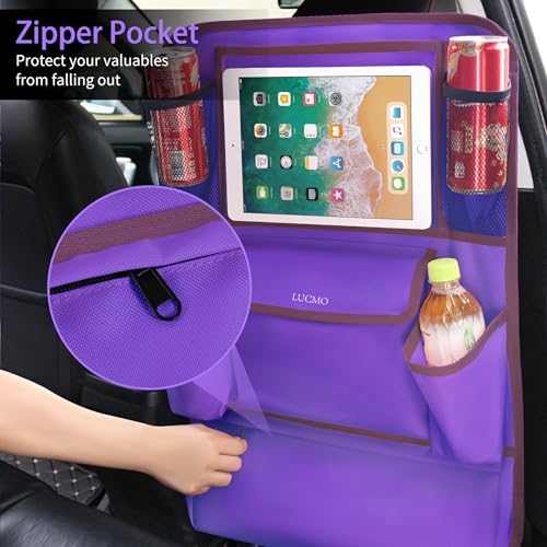 Image of LUCMO Car Backseat Organizer with Touch Screen Tablet Holder, Dark Purple | 9 Storage Pockets,Clear Tablet Holder,Protectors Kick Mats,Travel Accessories,Seat Cover,Road Trip Essentials