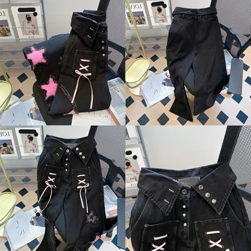 MEINVQIAOTI Hip Hop Y2k Trendy Star Embroidery Streamer Cargo Pants for Women Harajuku Punk Goth Pants Women's Cargo Jeans2