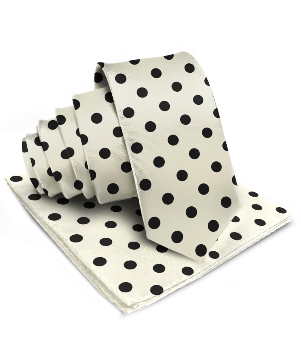 Vittorio Farina Satin Polka Dot Necktie & Pocket Square Set for Men - Matching Men's Tie Set, Ivory/Black, One Size