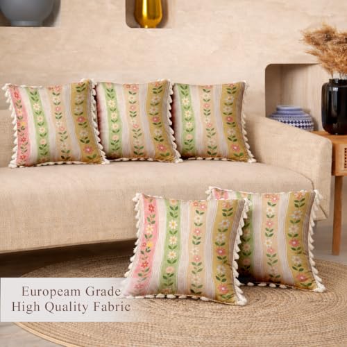 Image of STITCHNEST 'Little Meadow Series' Tassled Cushion Cover | Set of 5 | Floral Cushion Cover 16 inch x 16 inch
