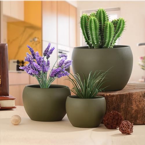 Image of Elegant Green Matte Finished Tabletop Planters Pots for Plants Flowers, Living Room Drawing Room Balcony Office Decoration Ideas for Plants Set of 3 (Plants not Included)
