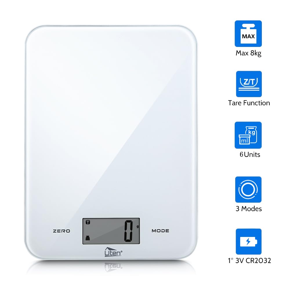 Uten Bilancia da Cucina 8 kg/1g, Bilancia Elettronica Digitale per Misurazioni ad Alta Precisione, Display LED Multifunzione, per Cucina e Pasticceria