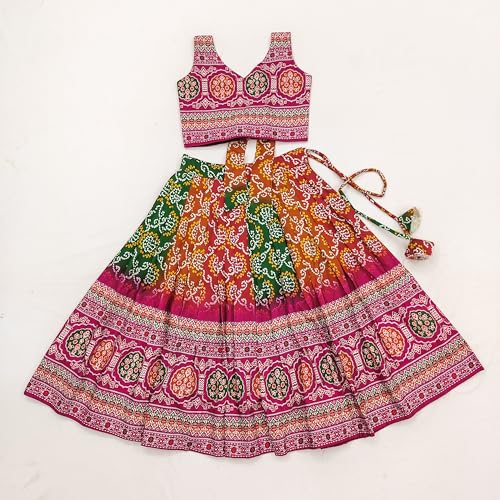 Image of E-Sqare Kids Girls Multicolour Bandhani Print Lehenga Choli Set | Ethnic Wear Dress | Readymade Clothing Set | 2 to 8 Years