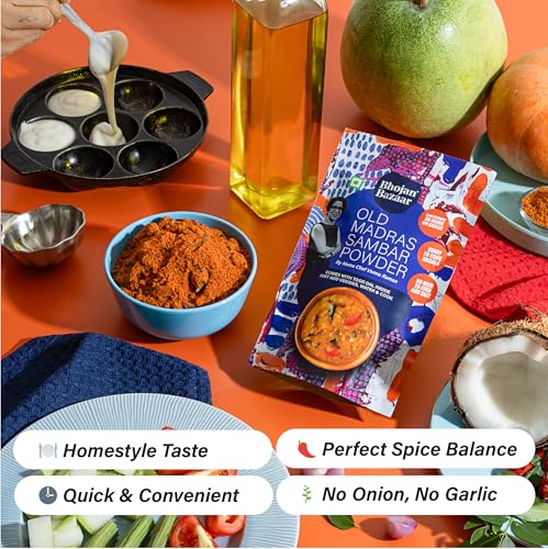 Image of Bhojan Bazaar Old Madras Sambar Powder - Pack of 2, 70 g Each | No Onion No Garlic Ready To Cook in 10 min | Serves 4 | South Indian Sambar With Dal | Free From Preservatives, Colours & Flavours