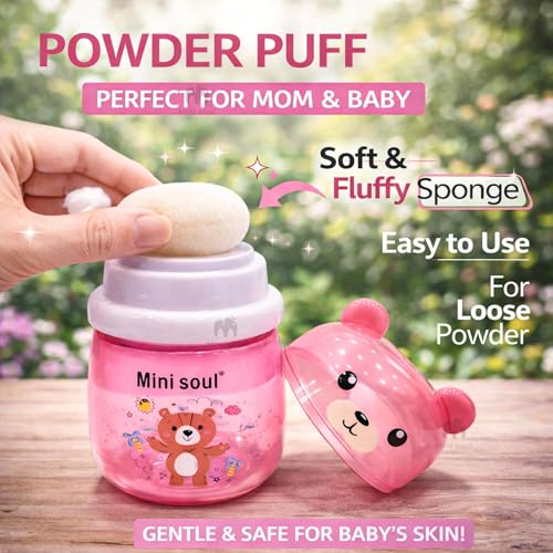 Image of Baby Powder Puff with Container Soft Feather Sponge Powder Applicator for Newborn & Infant Transparent Refillable Case Mess-Free, Leak-Proof, Baby-Safe Powder Puff for Kids Pink