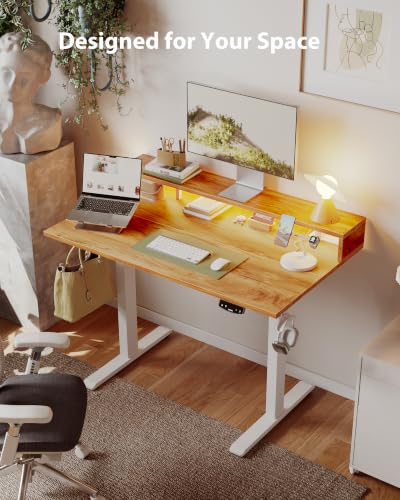 Image of Agilestic 48x24 Inch Electric Standing Desk with Shelf, Height Adjustable Desk with Power Outlets & LED, Sit Stand Up Table with Monitor Stand, Computer Workstation, Light Rustic Brown